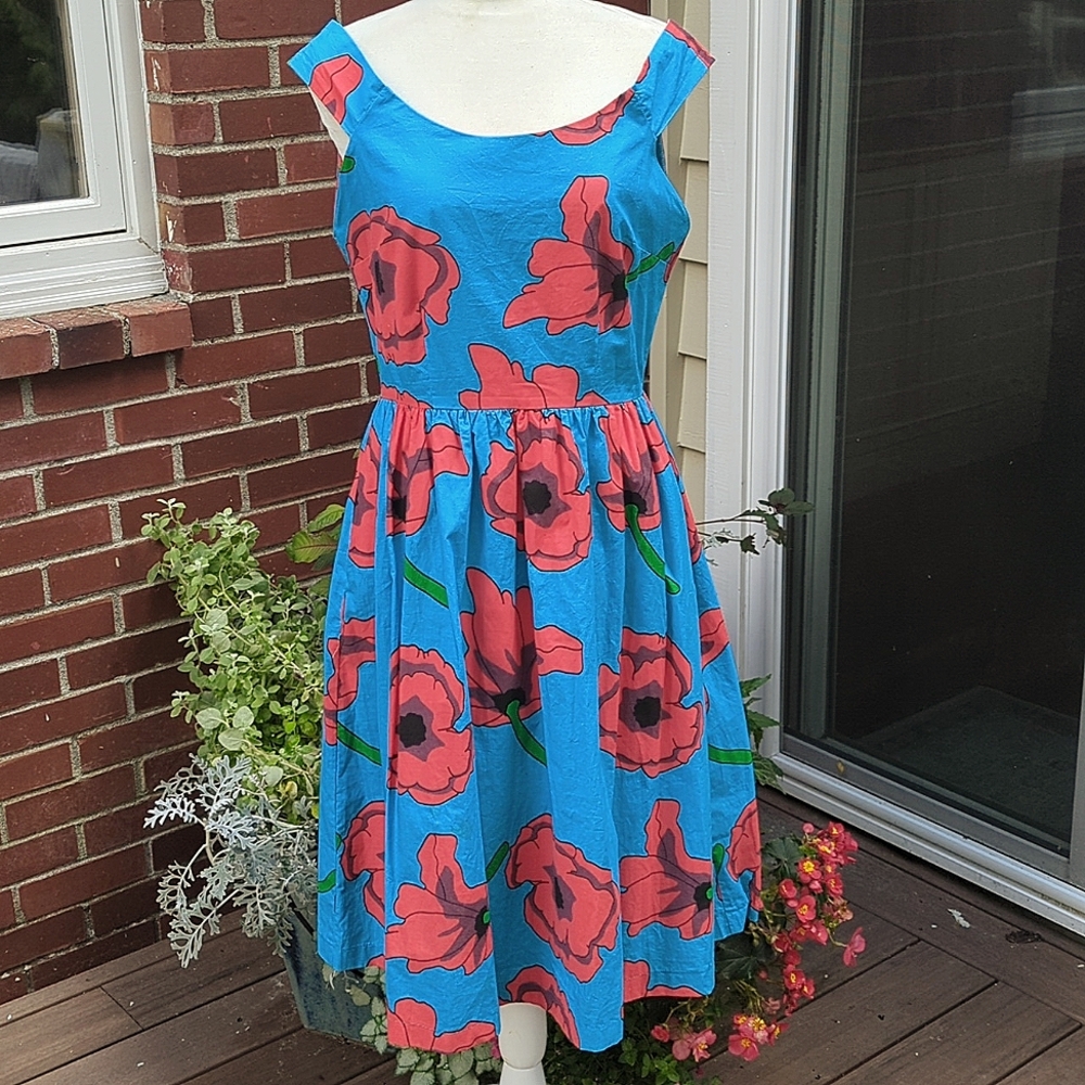 Modcloth Teal Midi Dress with Red Floral Print
